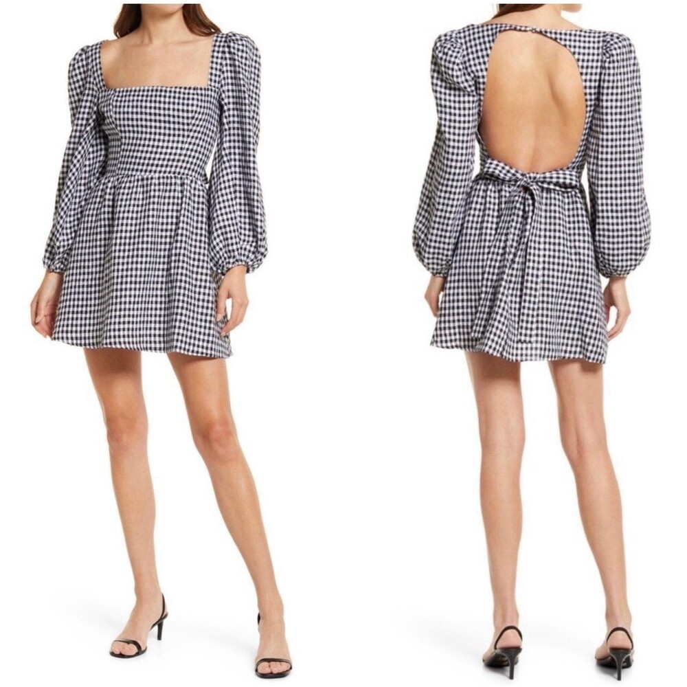 Reformation Brodie Long Puff Sleeve Gingham Checkered Linen Mini Dress Size 4